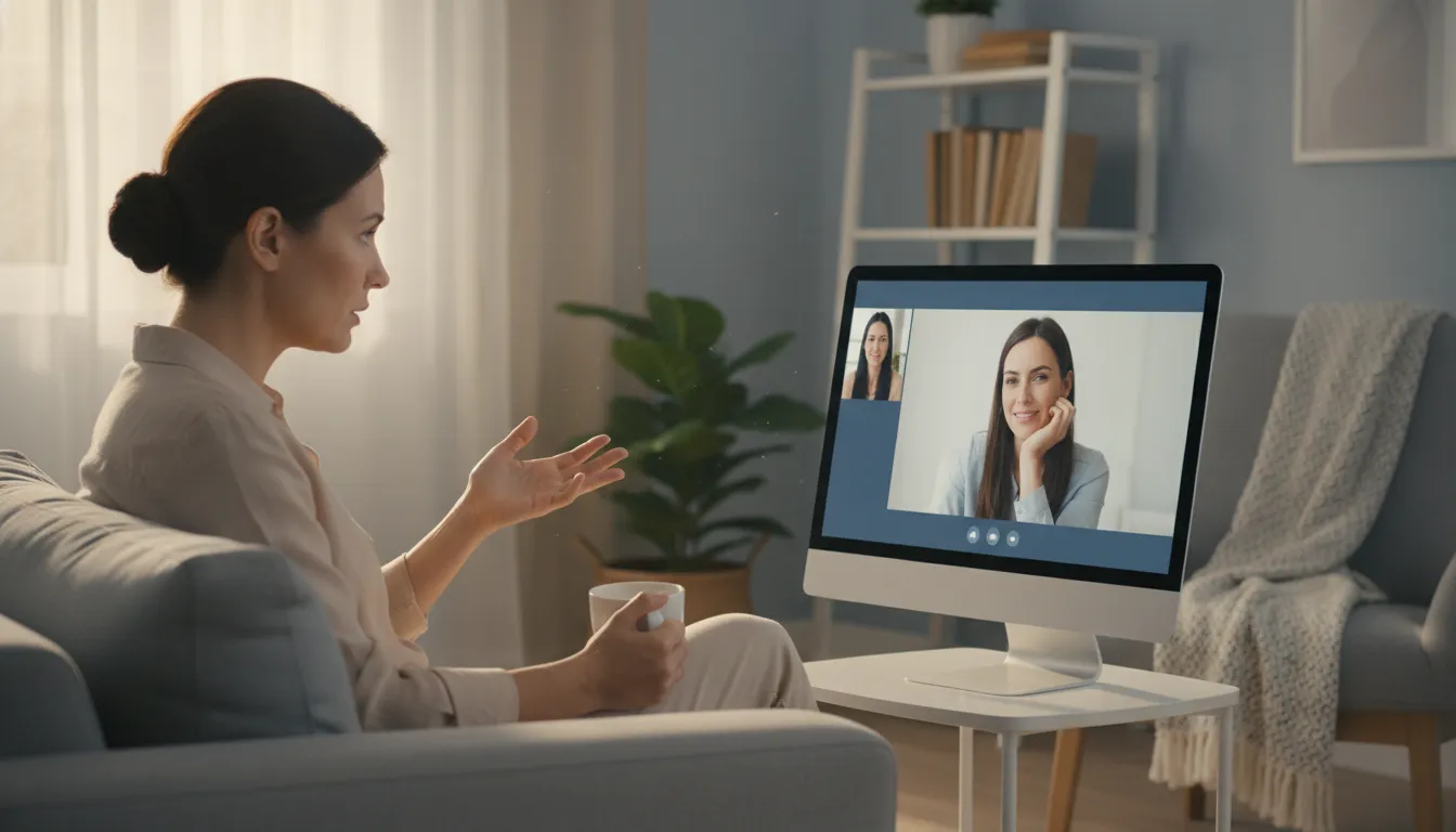 Pessoa em terapia online, buscando ajuda para lidar com o estresse do trabalho e prevenindo o desenvolvimento da síndrome de burnout.