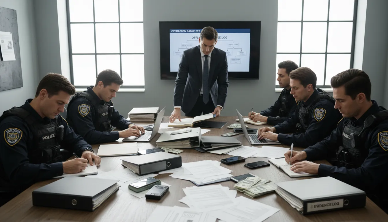 Equipe policial registra bens apreendidos e advogado acompanha operação com anotações e conferência dos documentos.