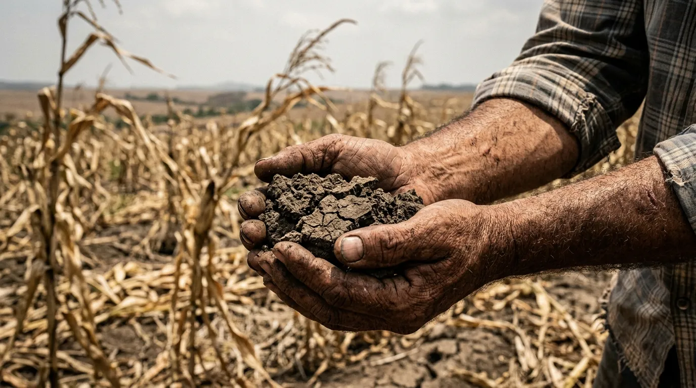 Mãos com terra seca ilustram desafios agricultura gaúcha diante da estiagem severa.