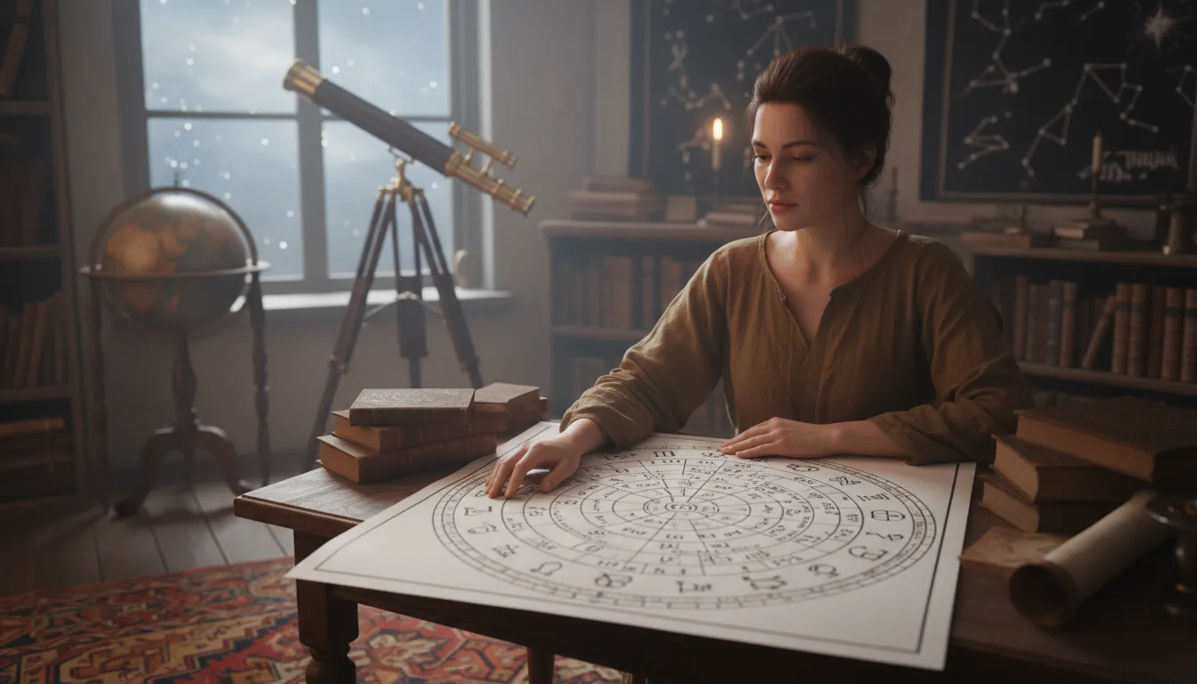 Mulher estudando atentamente um mapa astral completo em um ambiente tranquilo, cercada por livros de astrologia e um telescópio.
