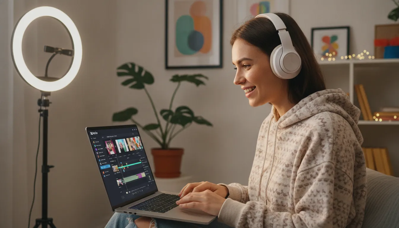 Criador de conteúdo jovem editando vídeo no CapCut em laptop, ambiente caseiro e criativo.