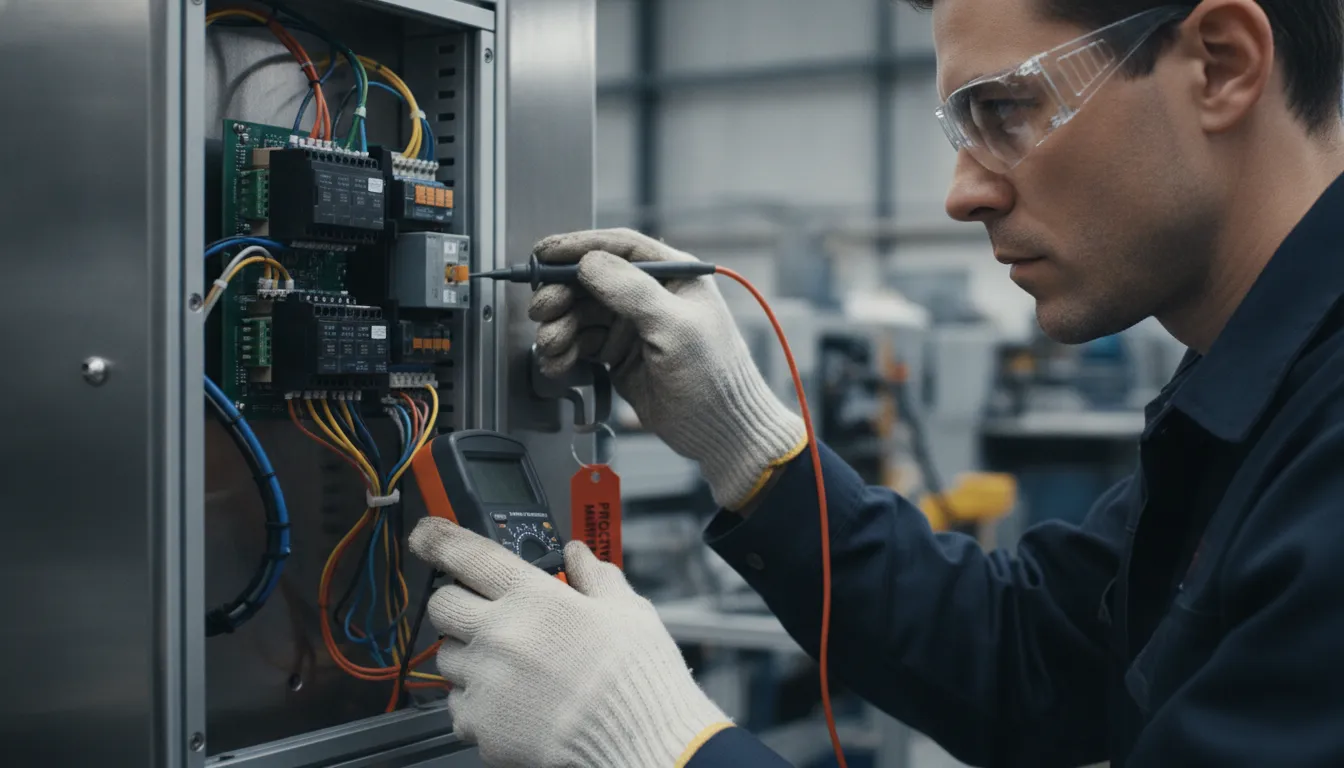 Técnico realiza inspeção detalhada em equipamento industrial, essencial para manutenção produtiva total e eficiência.