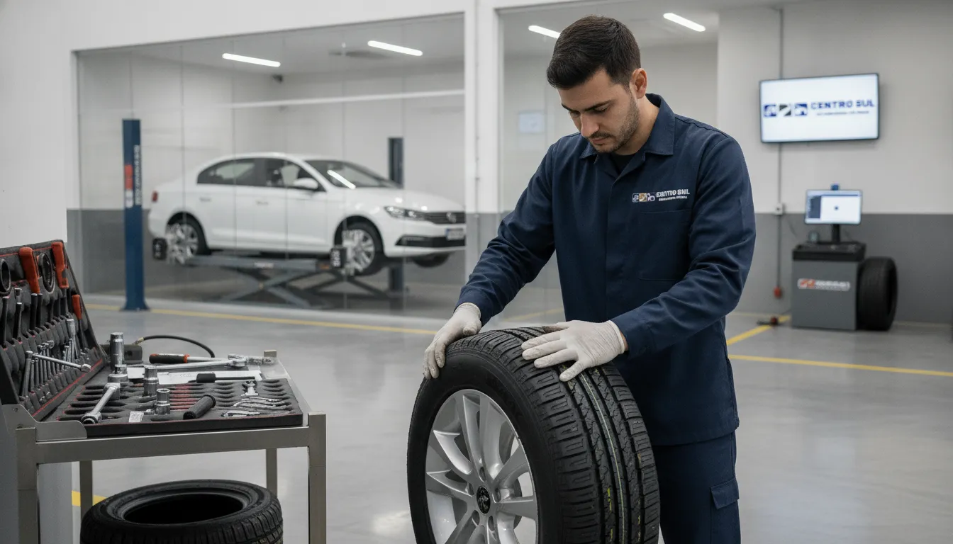 Técnico especializado inspecionando pneu diagonal em centro automotivo moderno com serviços de qualidade.