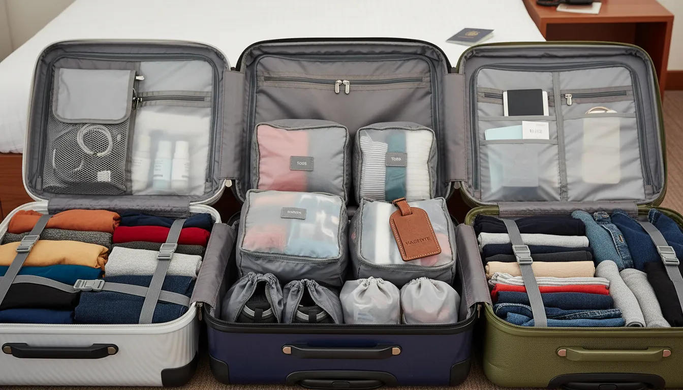 Close-up de várias malas de viagem organizadas com roupas e itens essenciais, mostrando diferentes métodos de organização.