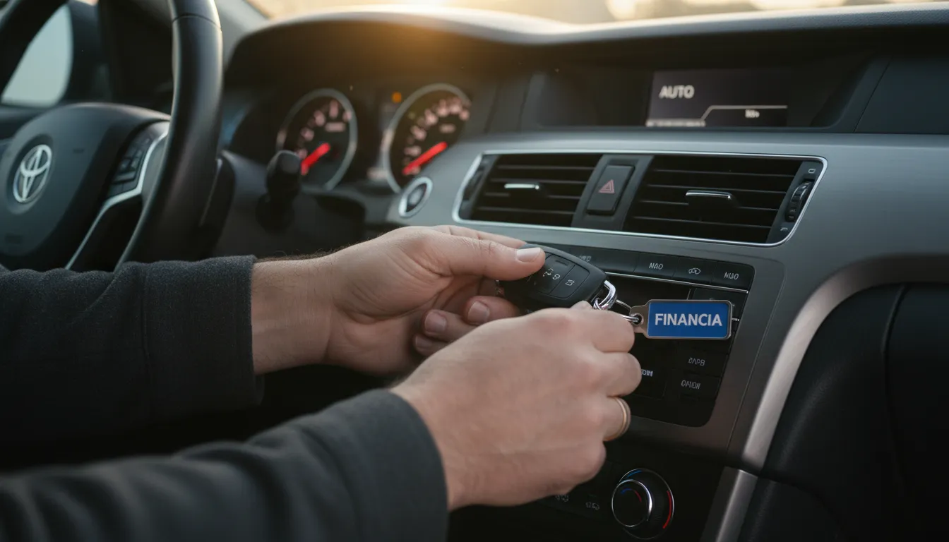Mãos de um motorista desligando a ignição de um carro com câmbio automático. A chave está na ignição, e as luzes do painel estão diminuindo, demonstrando o processo de desligar o carro corretamente. Logo Financia na chave.