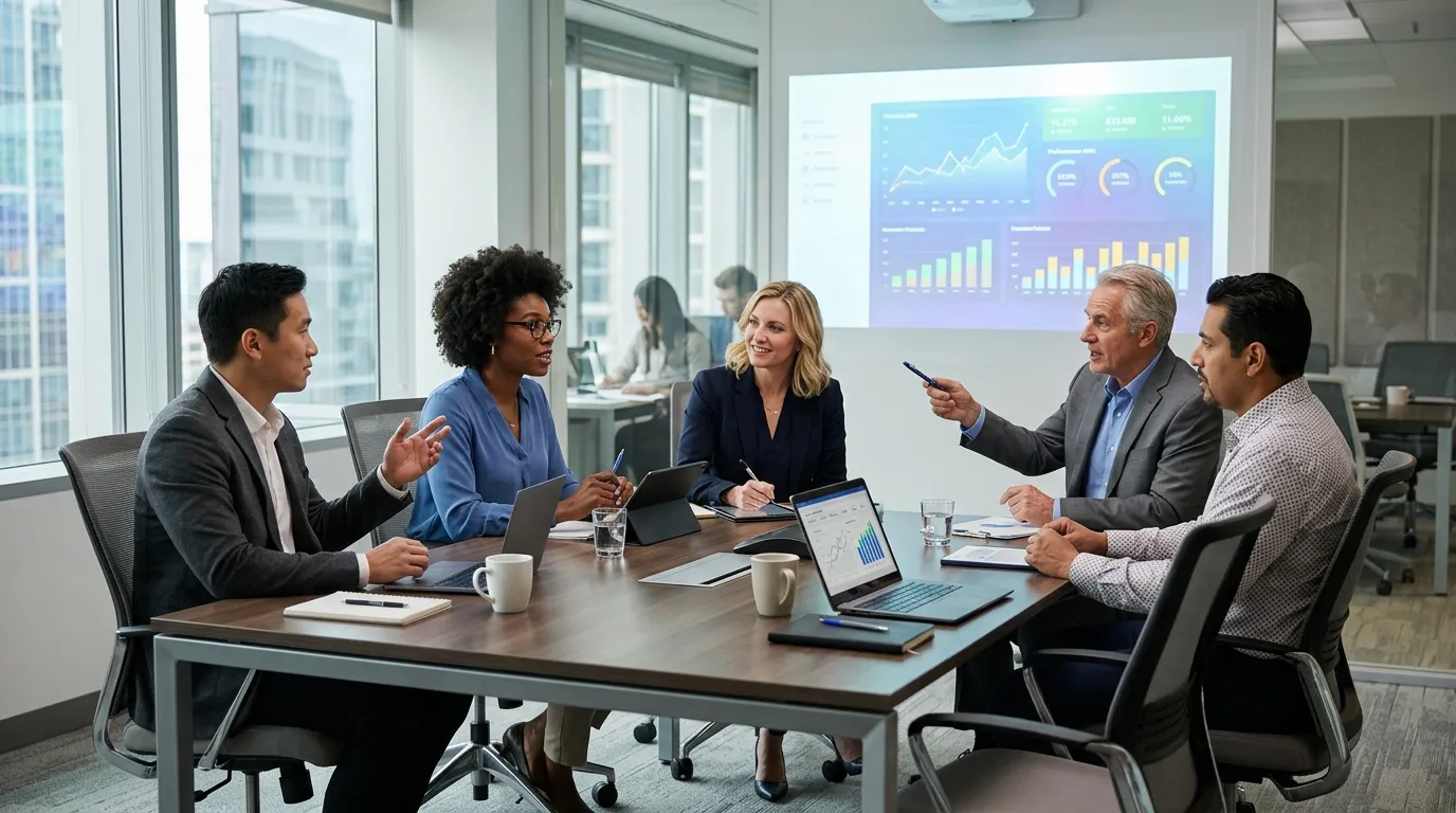 Equipe reunida traçando estratégias e planejamento para renovação de frota corporativa sustentável.