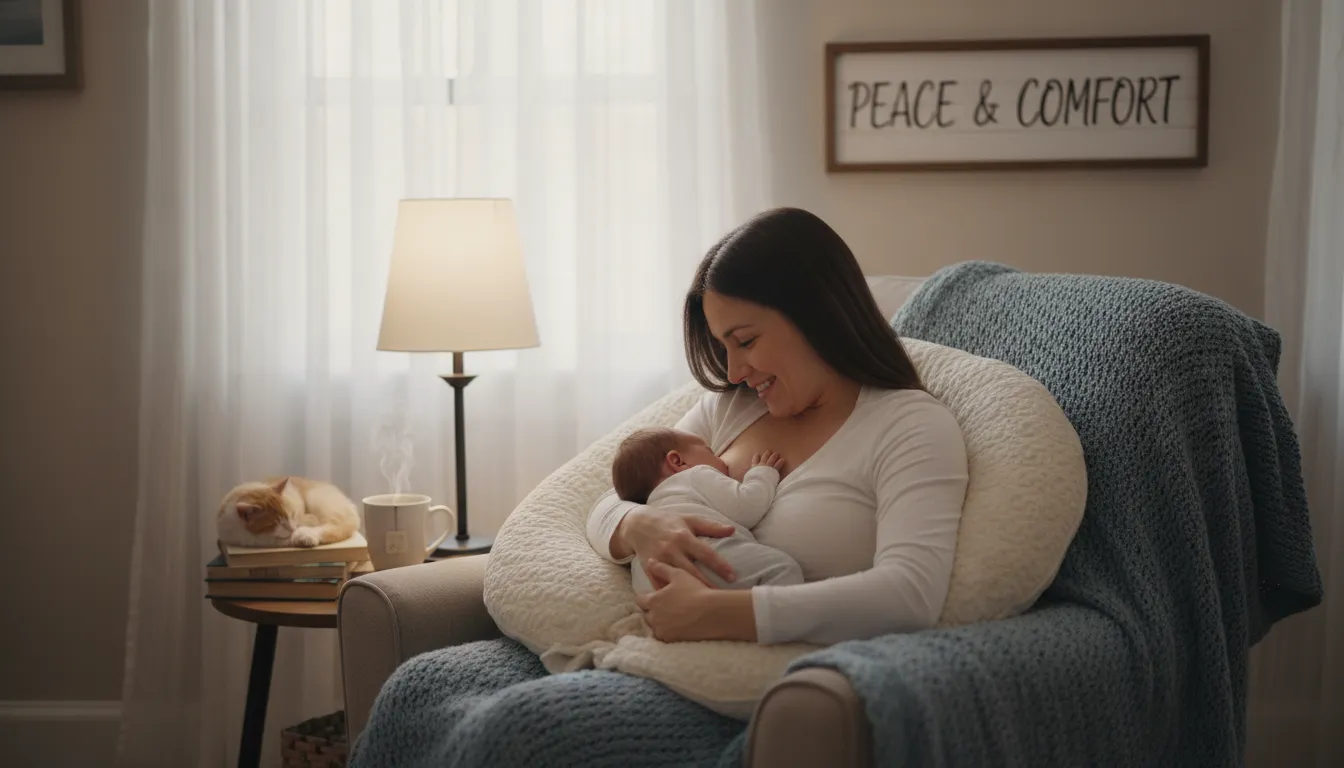 Mãe amamentando bebê recém-nascido em ambiente tranquilo e acolhedor, transmitindo calma e aconchego.