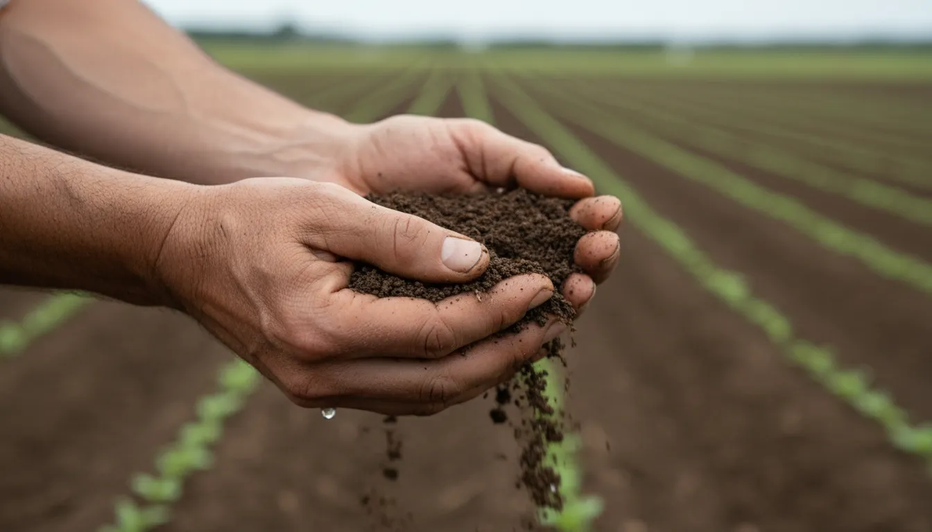 Mãos de agricultor cuidam da terra, superando desafio produção nova safra com trabalho e dedicação.