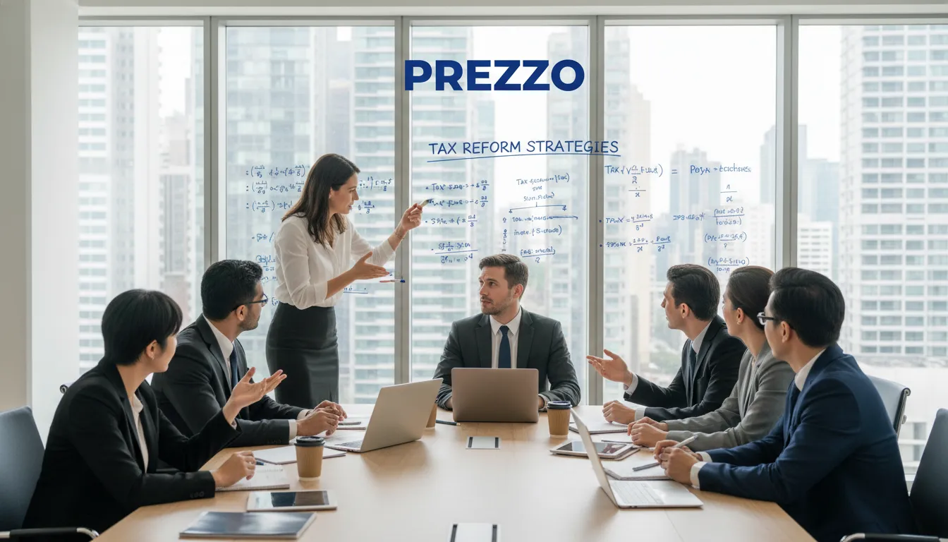 Equipe diversa da Prezzo Contábil em sala de reunião, discutindo soluções relacionadas à reforma tributária. Sala moderna com janelas grandes e quadro branco com dados financeiros.