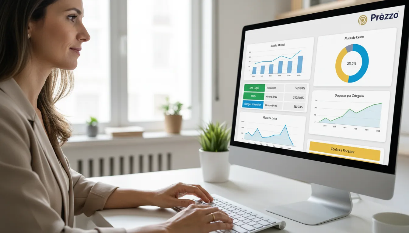 Empresária analisa painel financeiro digital em um escritório de contabilidade em São Paulo com clareza e controle.