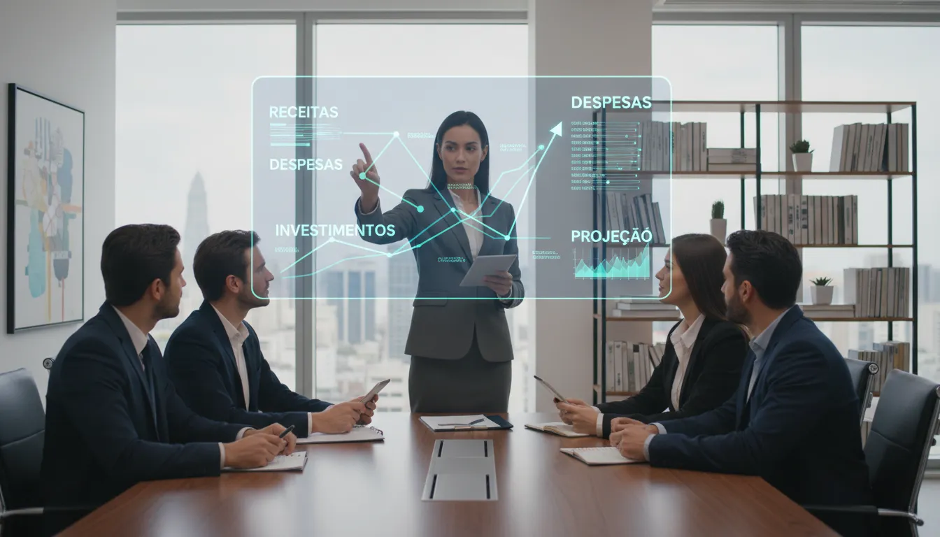 Consultora financeira apresenta fluxos de caixa e plano de recuperação a equipe empresarial atenta.