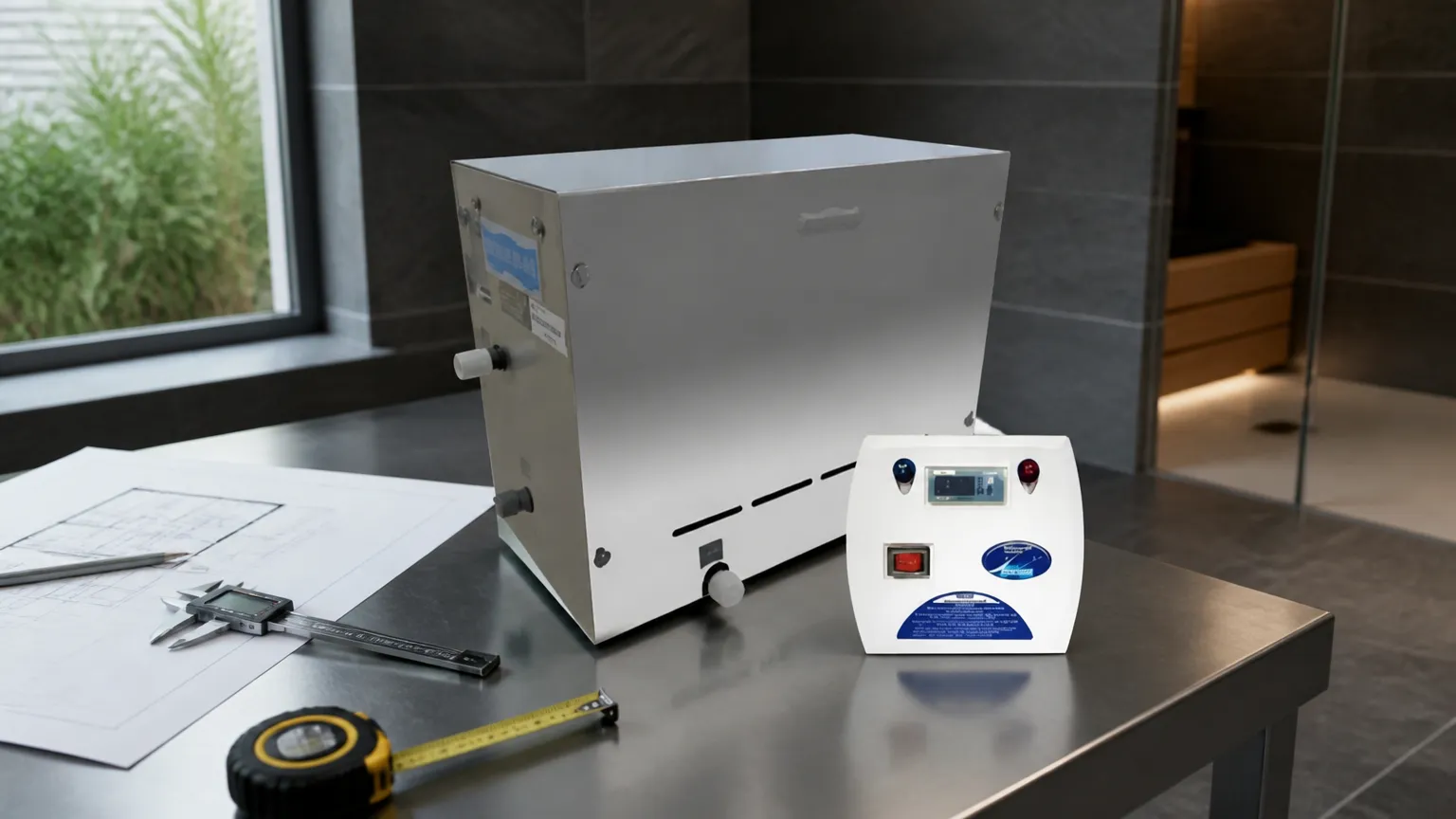 Dimensionamento de gerador de vapor para sauna com plantas baixas e ferramentas de cálculo.