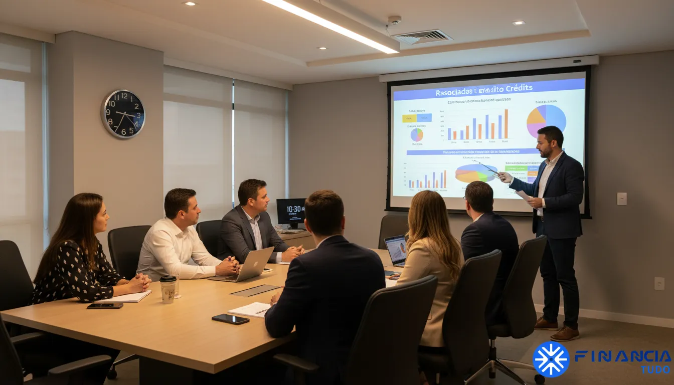 Reunião de condomínio com foco na apresentação de opções de crédito para condomínio para obras e melhorias planejadas.