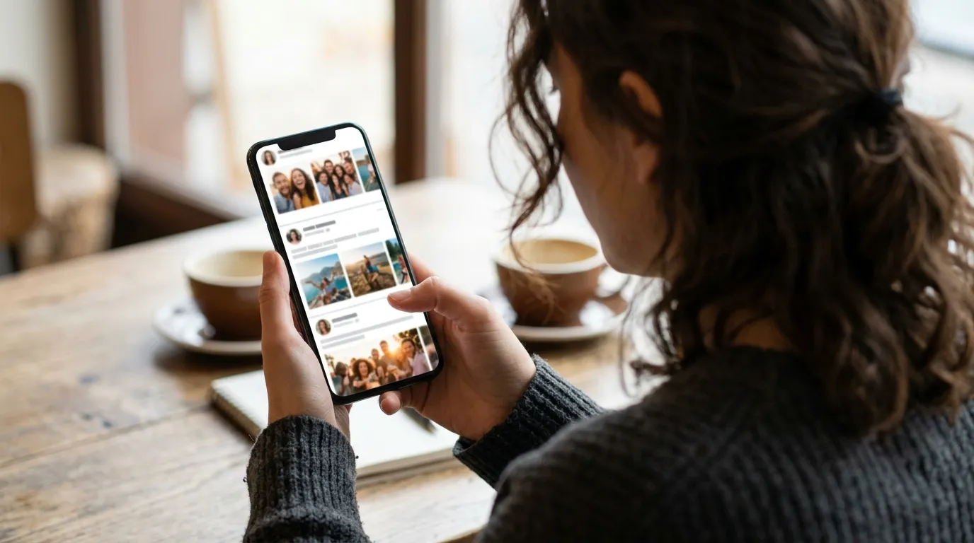 Pessoa rolando feed no celular simbolizando ansiedade nas redes sociais e comparacao constante.