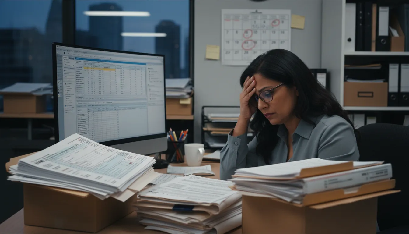 Business owner overwhelmed by tax forms and deadlines after opening a company in the USA, dealing with compliance.