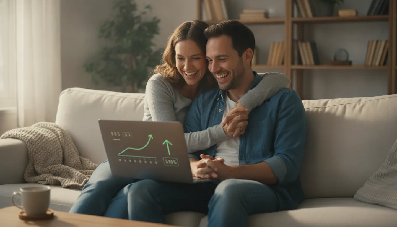 Jovem casal feliz planeja futuro financeiro e aposentadoria, revisando investimentos 401k no laptop.