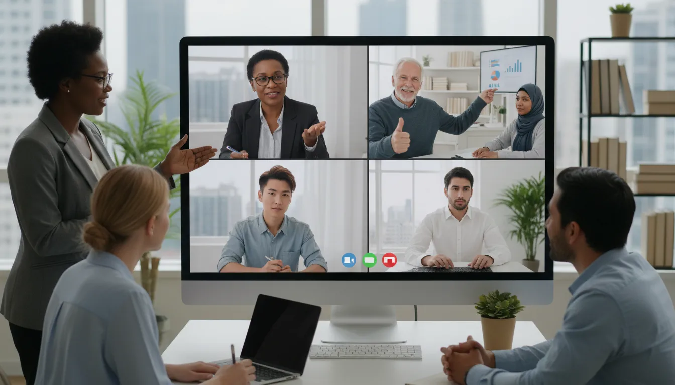 Profissionais diversos em videoconferência de coaching, promovendo inclusão e desenvolvimento de carreira