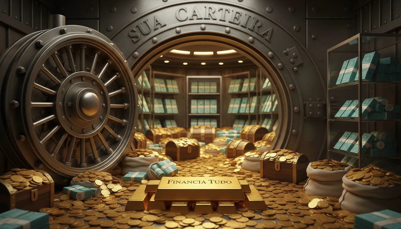 Um cofre cheio de moedas de ouro e certificados de investimento, simbolizando uma carteira de investimentos segura e em crescimento. Financia Tudo.
