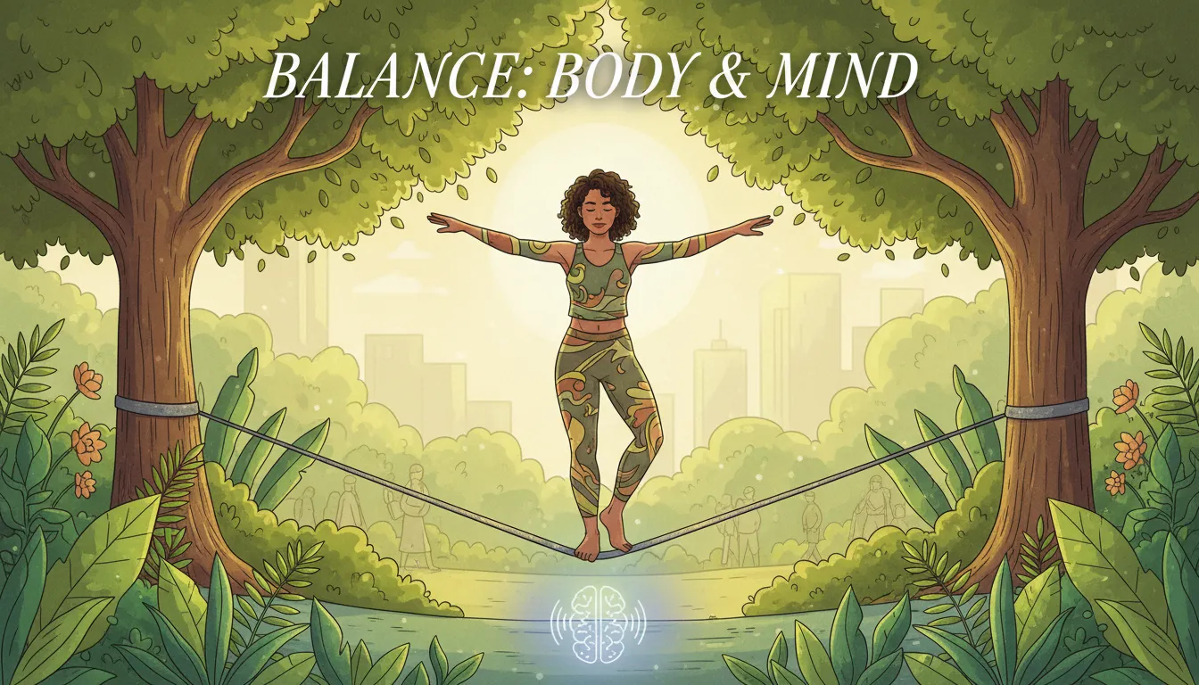 Pessoa praticando slackline em parque ensolarado, expressando equilíbrio físico e mental em meio à natureza.