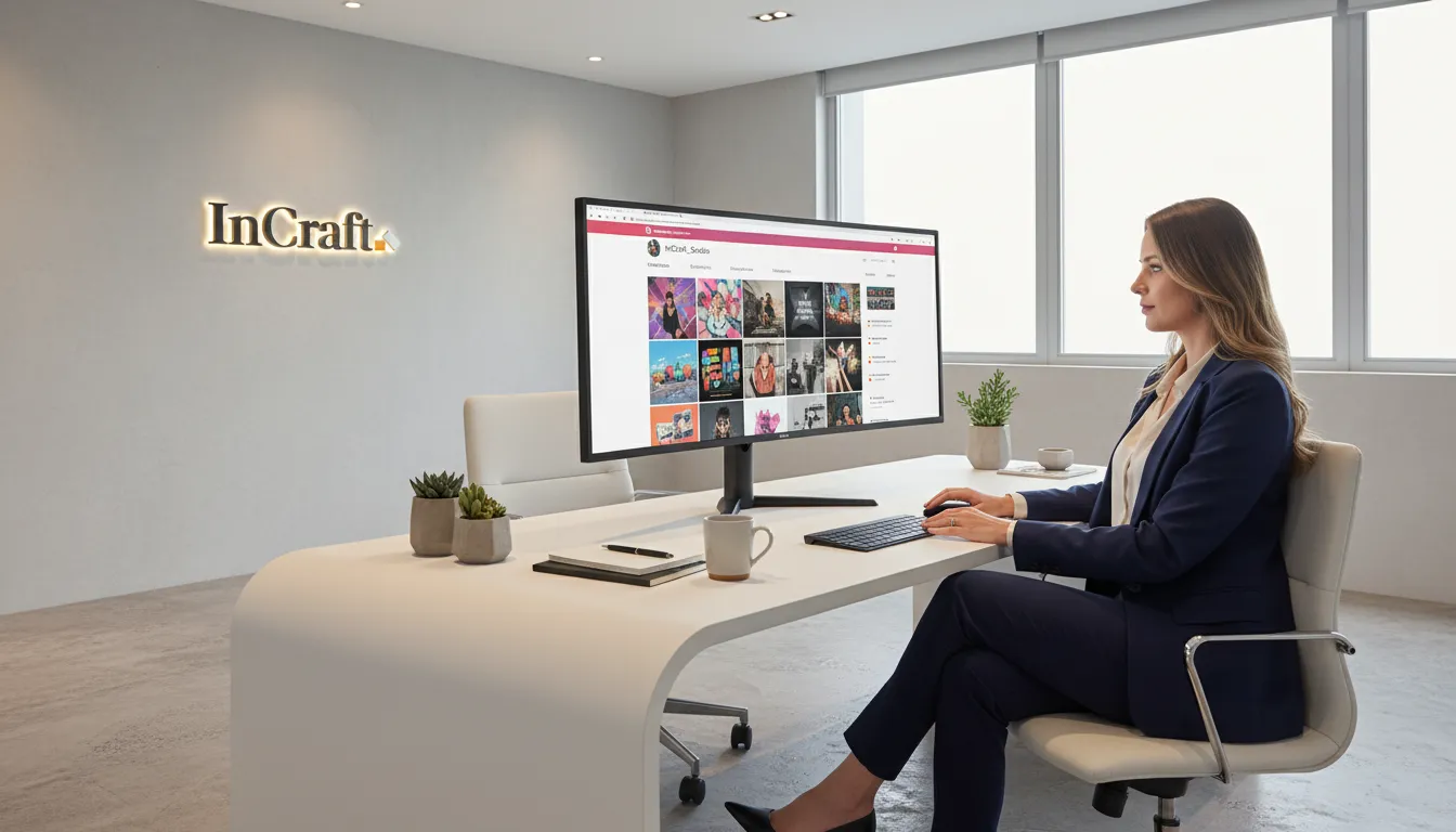 Profissional acessando instagram login web site em monitor grande de escritório moderno e sofisticado.