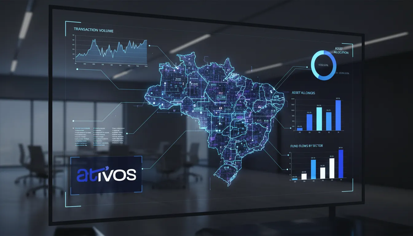 Interface digital moderna mostrando dados de transações financeiras sobre um mapa de São Paulo, ilustrando a plataforma Ativos para precatórios TJSP.