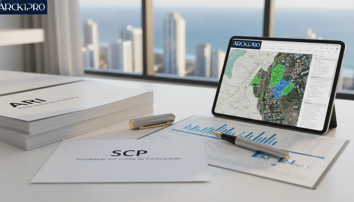Documentos ARI e SCP em mesa, com mapa litoral catarinense, simbolizando a estruturação de incorporação imobiliária.