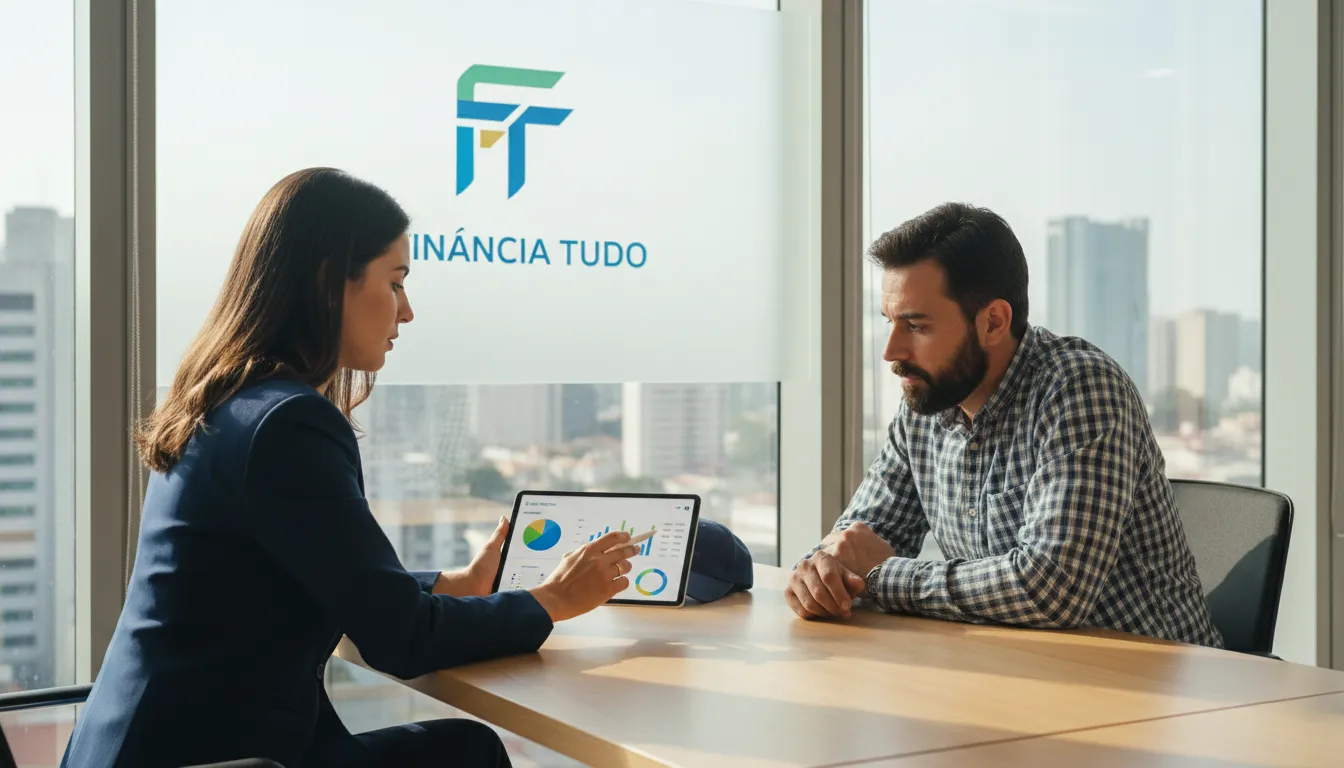 Consultor financeiro da Financia Tudo explicando as opções de empréstimo com caminhão em garantia para um cliente, demonstrando um atendimento personalizado e especializado.