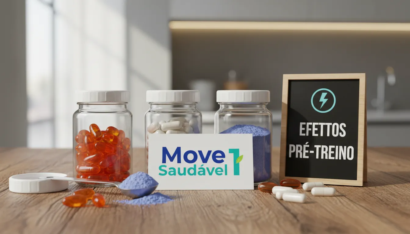 Diversos suplementos em cápsulas e pó sobre uma mesa. Saiba se o pré-treino faz mal e quais os efeitos do consumo para sua saúde. Conteúdo Move Saudável.