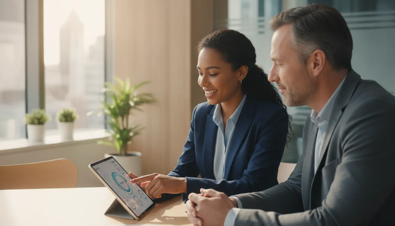 Consultor financeiro explicando soluções a cliente, ajudando a evitar erros que levam à reprovação de crédito.