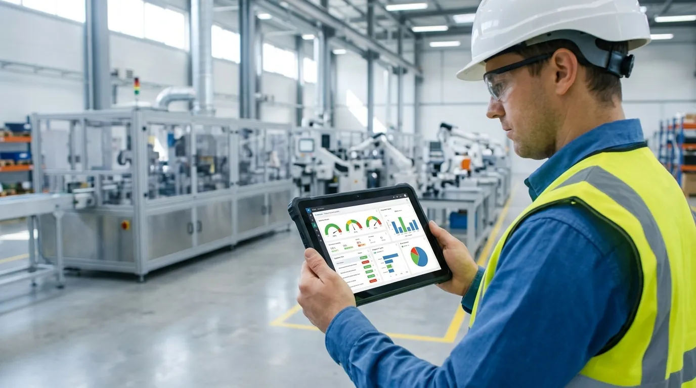 Engenheiro usando tablet com indicadores para tomada de decisão na manutenção de equipamentos.