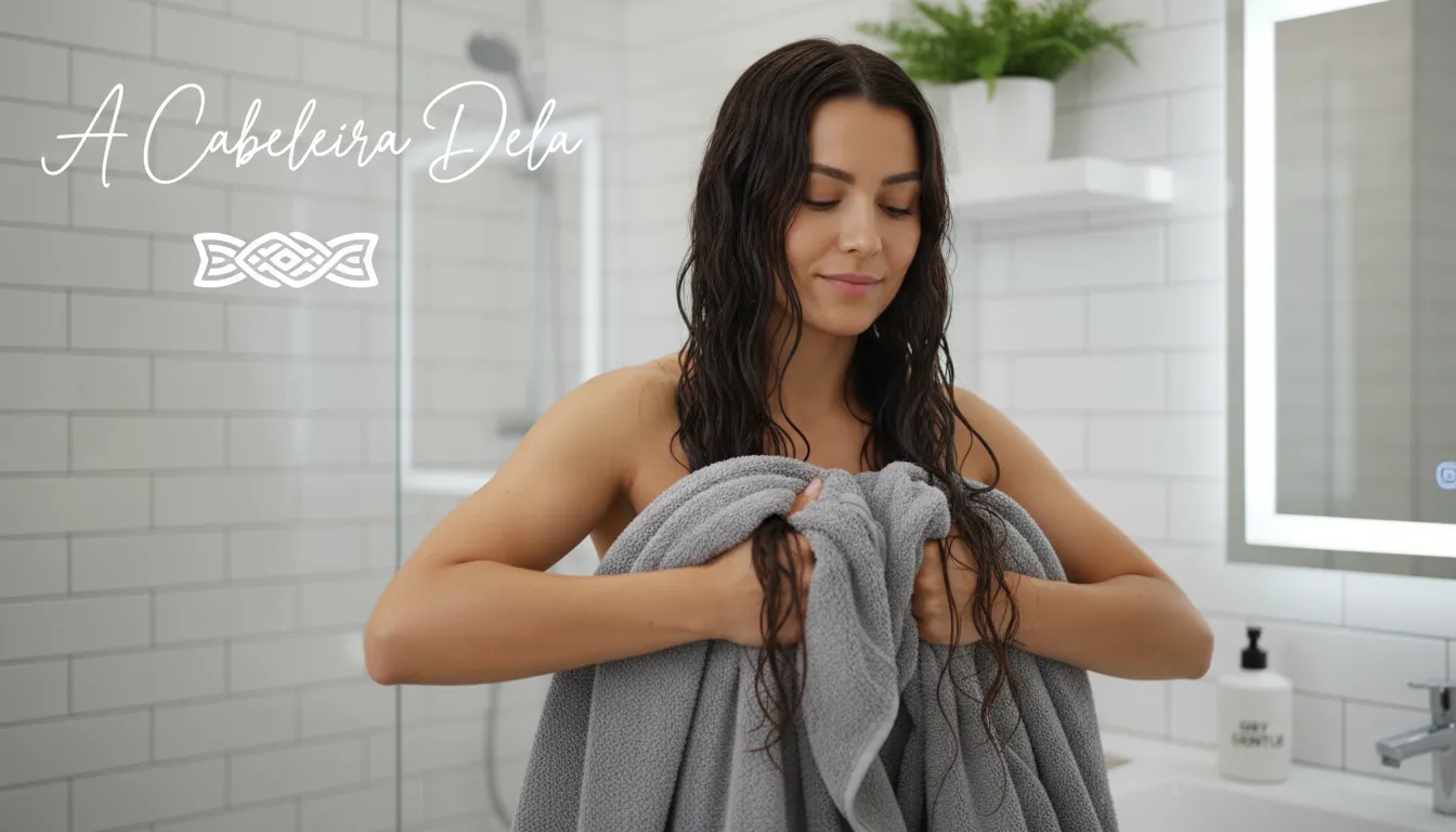 Mulher secando os cabelos delicadamente com uma toalha de microfibra, demonstrando a técnica correta para a lavagem correta do cabelo.
