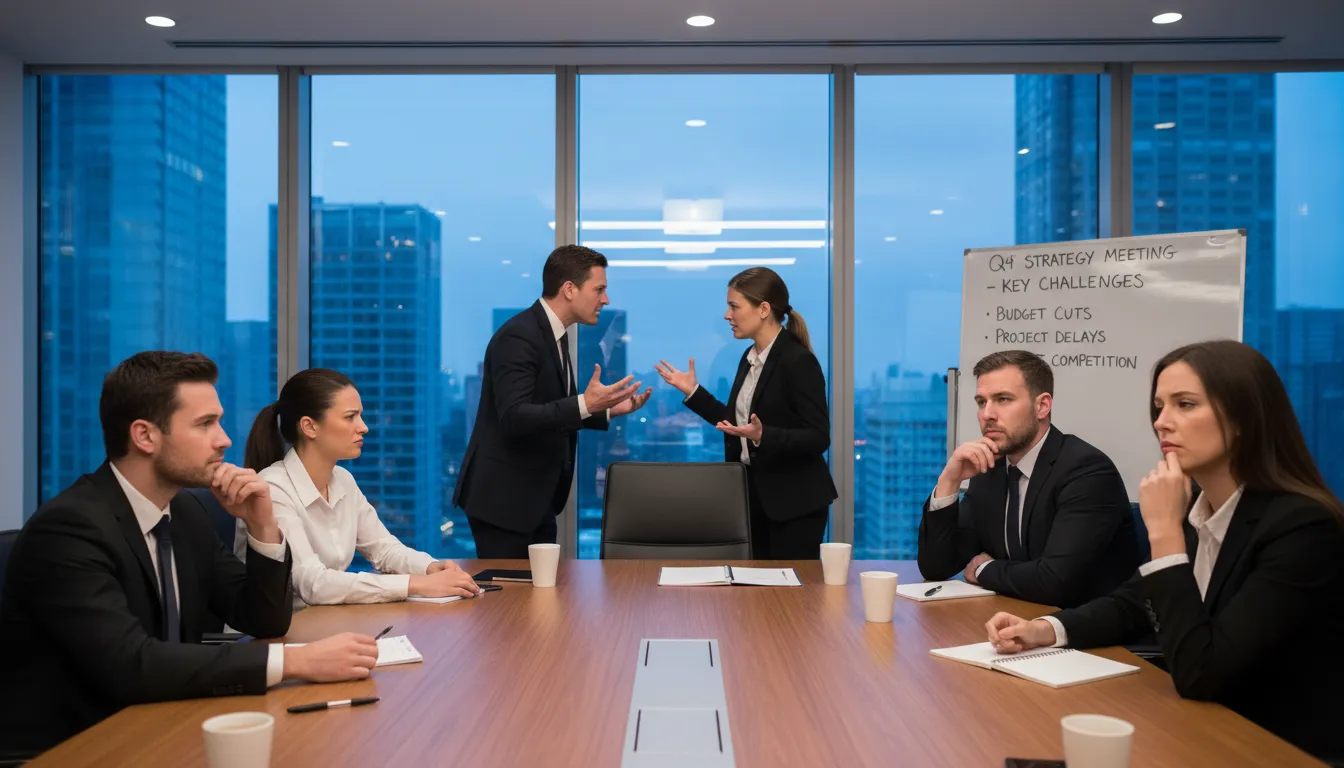 Discussão entre colegas em reunião reflete desconforto e insatisfação no trabalho.