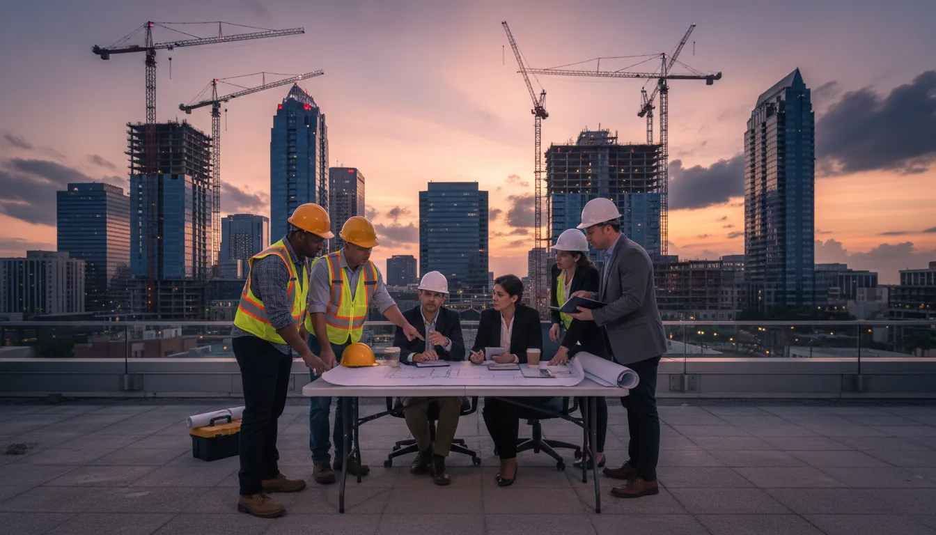 Trabajadores y contadores discutiendo estrategias de Contabilidade para construcción en Orlando con el horizonte de la ciudad.
