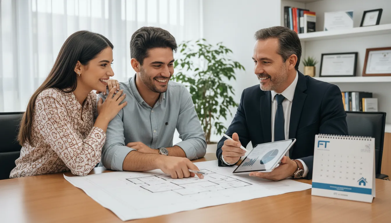 Casal feliz com consultor Financia Tudo, planejando casa nova, ilustrando dívida saudável.