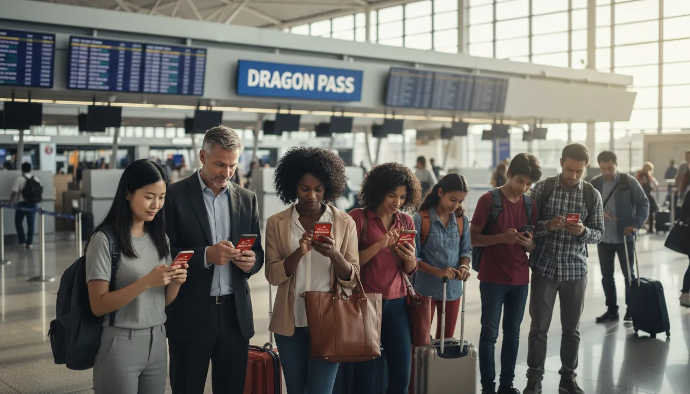 Passageiros diversos utilizando o aplicativo dragon pass em seus celulares no movimentado terminal do aeroporto. Informações de voo visíveis ao fundo.