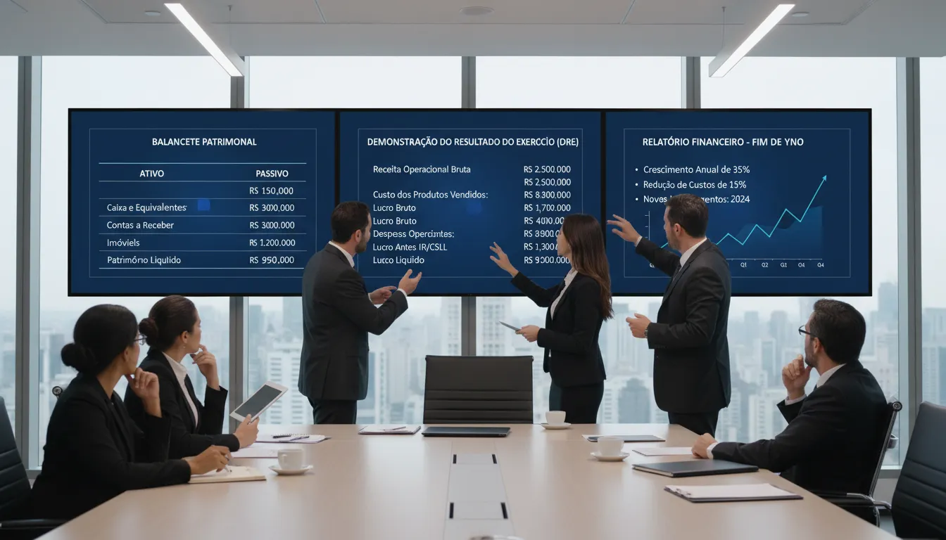 Gestores analisam balancetes e relatórios financeiros projetados na tela para avaliação estratégica.