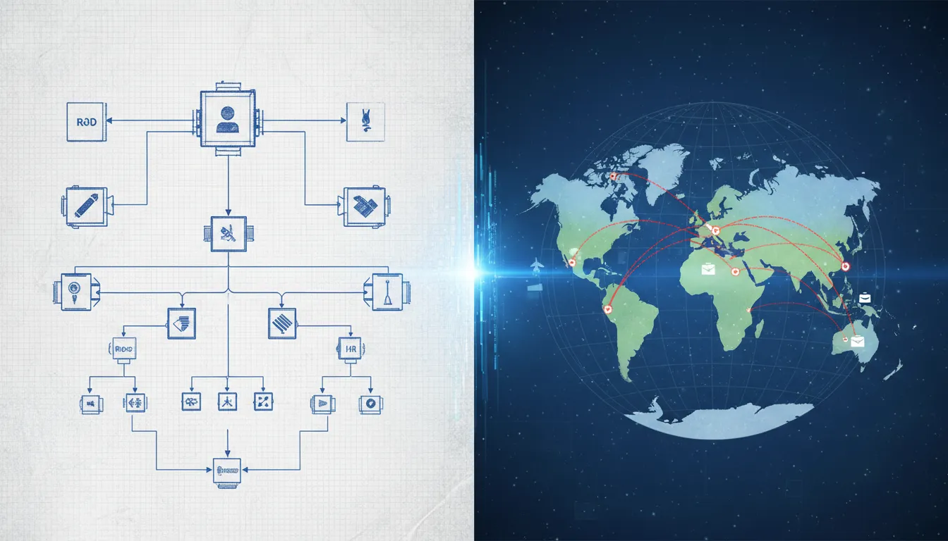 Tela dividida mostrando um organograma e um mapa mundial com rotas de imigração, ilustrando a entity structure immigration strategy.