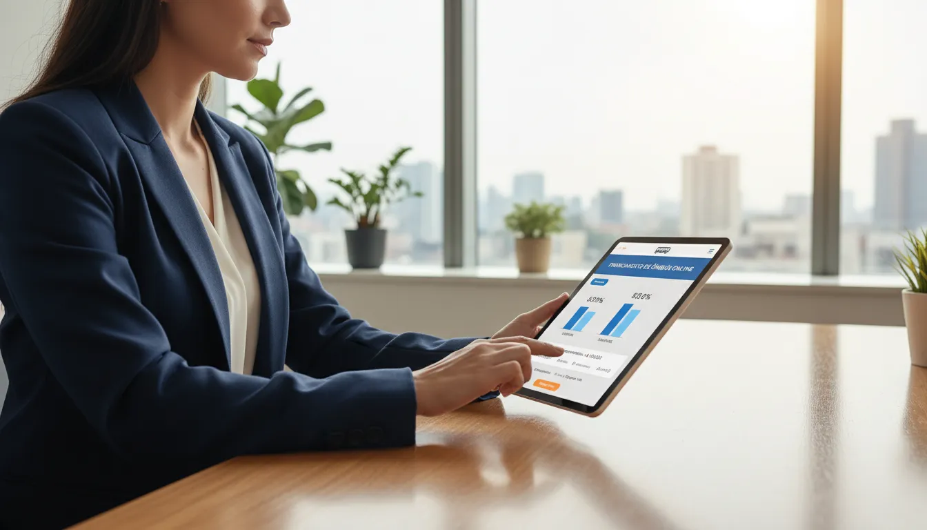 Empresária simulando financiamento de ônibus online com gráficos e análise de condições de crédito.