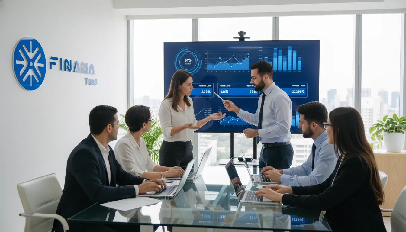 Especialistas da Financia Tudo trabalhando juntos para encontrar as melhores opções de crédito para construção em terreno próprio para um cliente, com suporte e análise completa.