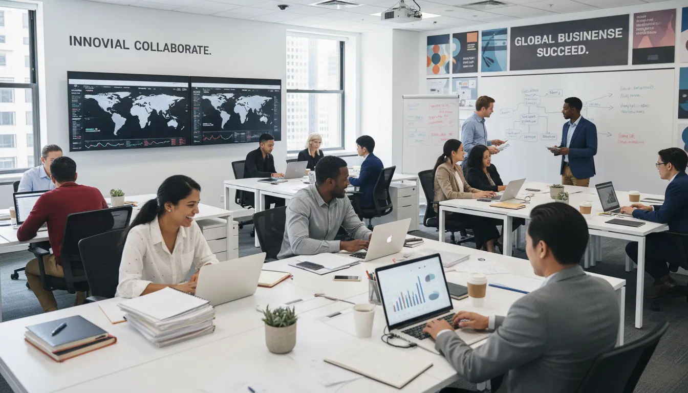 Ambiente de coworking nos EUA com equipe internacional e ambiente moderno, representando empresas globais.