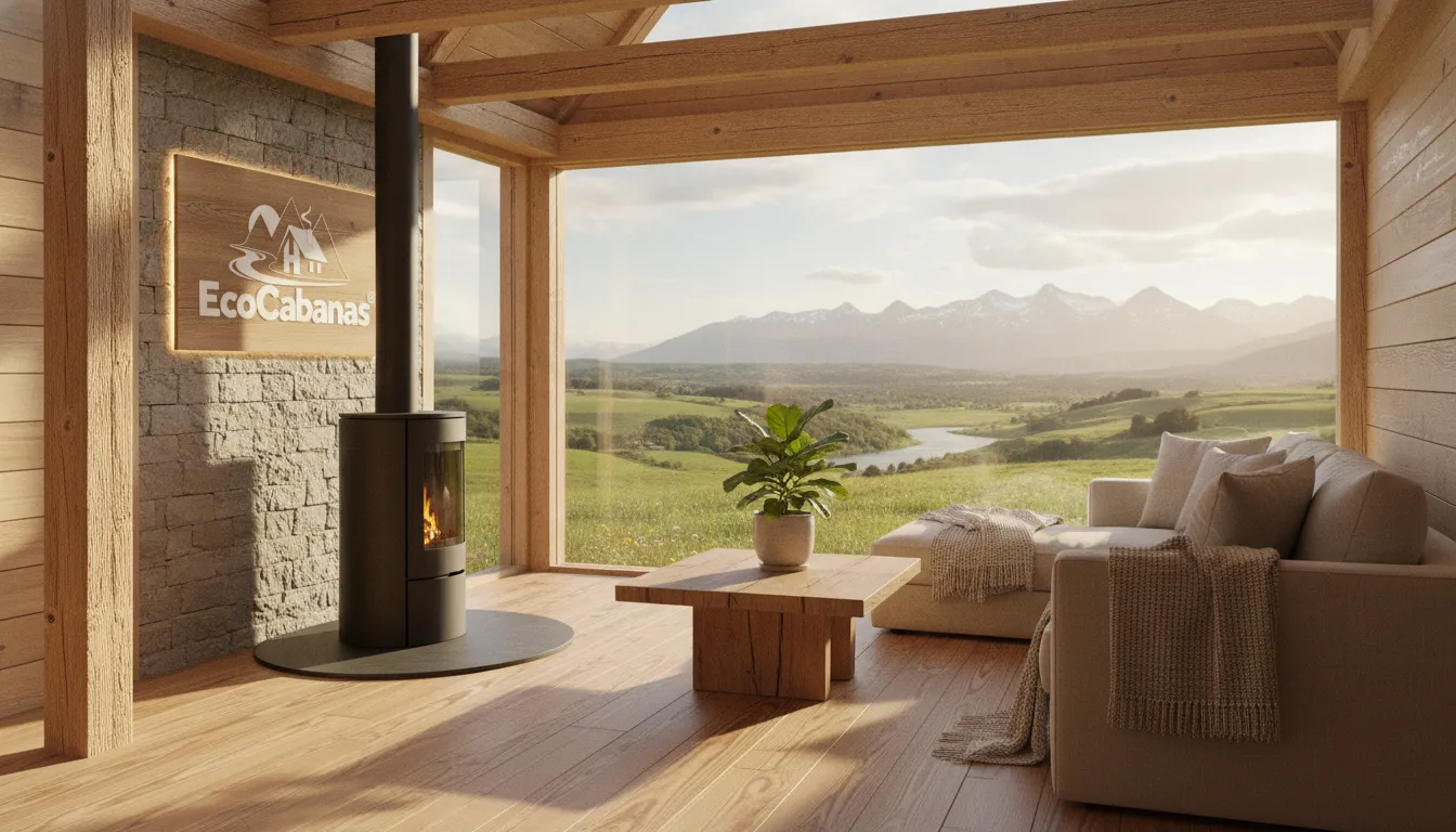 Interior aconchegante de uma casa de madeira no campo, com vista panorâmica da natureza e decoração minimalista.