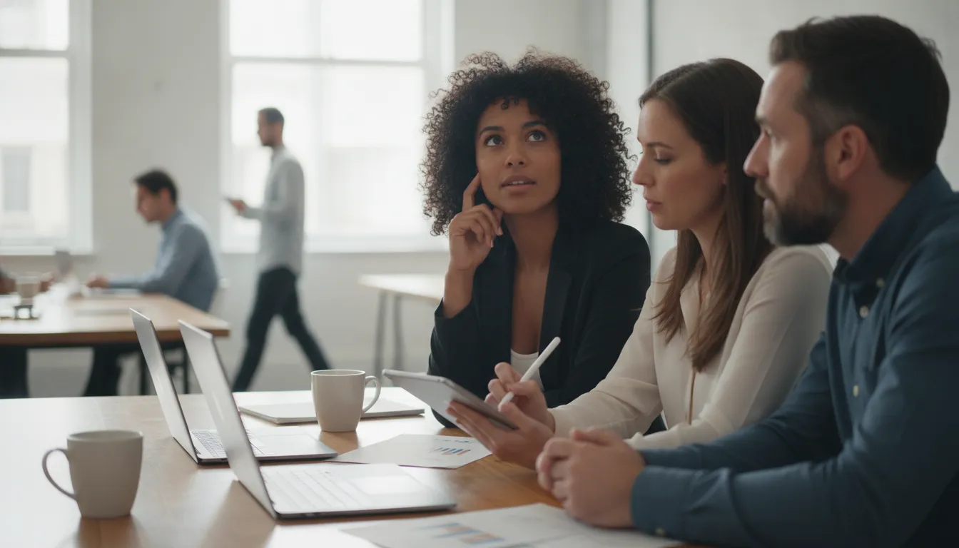 Grupo diverso discute ideias, representando crescimento na carreira e colaboração profissional.