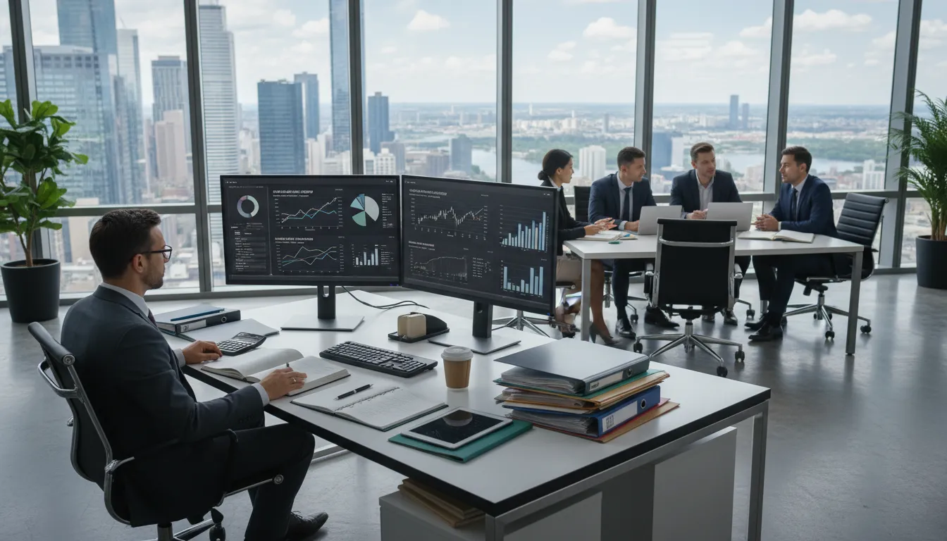 Contador trabalhando em um escritório moderno com equipe diversa analisando documentos fiscais e gráficos financeiros