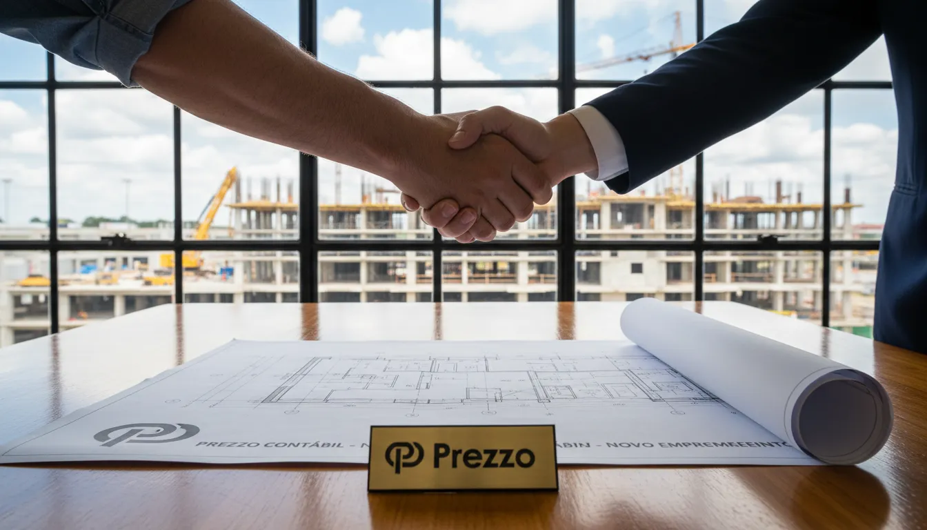 Aperto de mãos sobre uma planta, simbolizando a parceria entre uma construtora e a Prezzo Contábil, que oferece Contabilidade Especializada para Construção Civil em São Paulo.