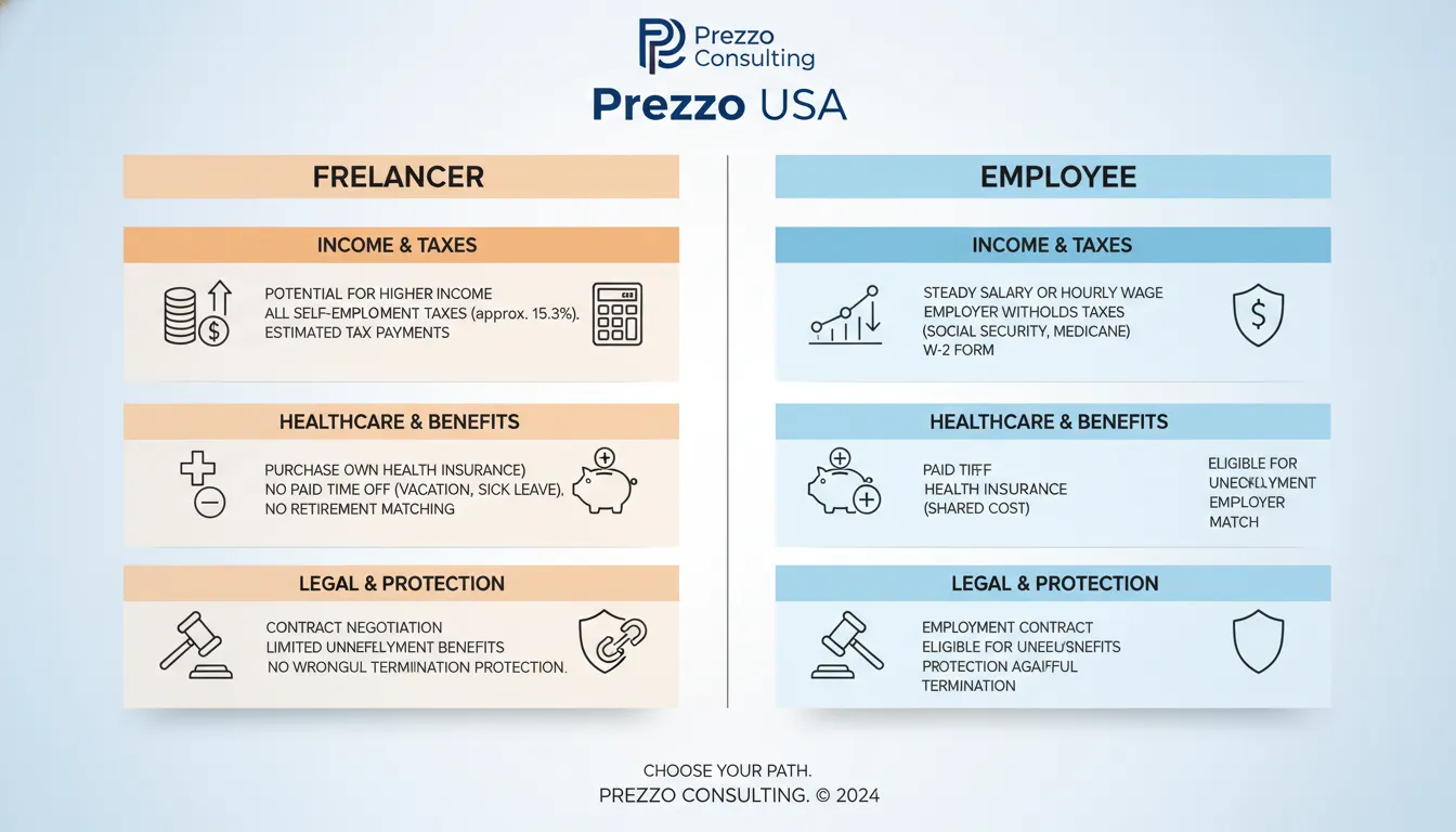 Infográfico comparando as vantagens e desvantagens de trabalhar nos EUA como autônomo ou empregado. Prezzo Consulting oferece soluções personalizadas.