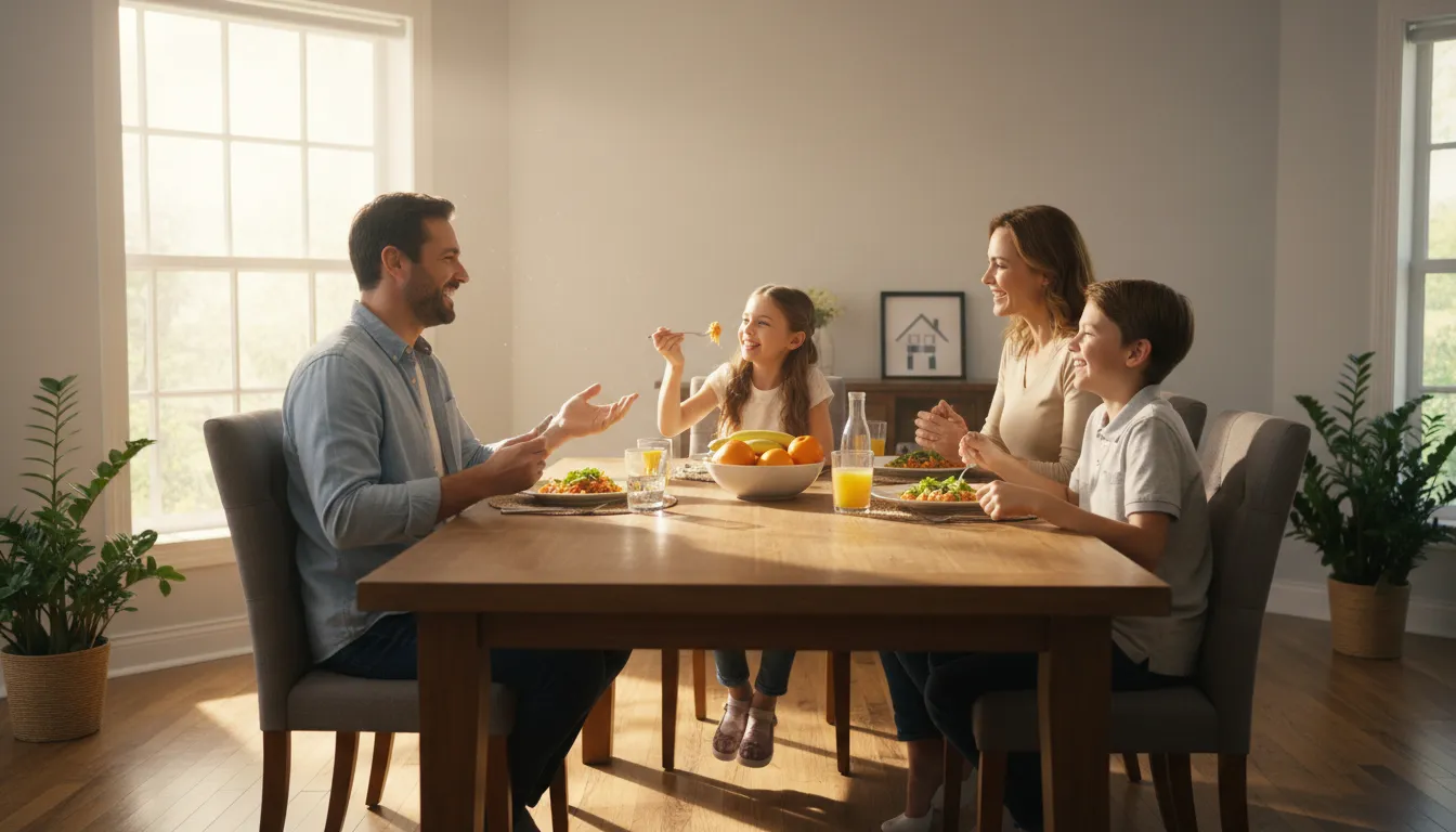 Família feliz jantando em sala dedetizada e segura. Quanto custa dedetização? É segura para crianças e pets?