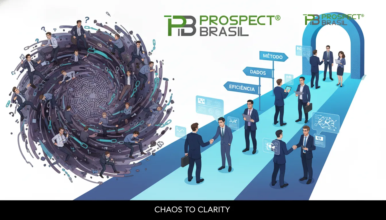 Ilustração de prospecção B2B eficaz, com caminho claro emergindo do caos e profissionais de sucesso.