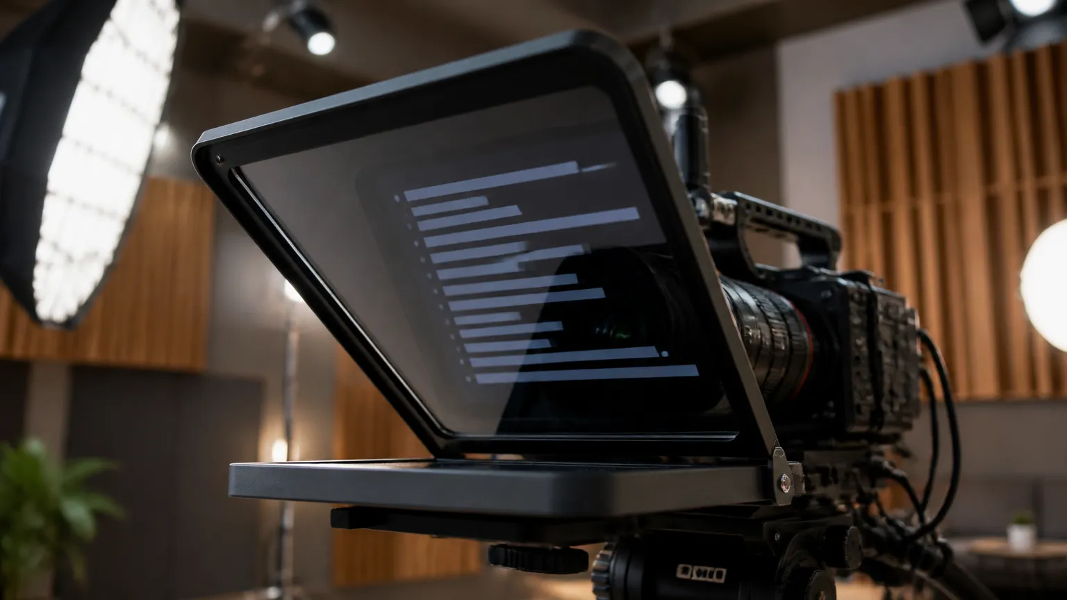 Teleprompter em câmera profissional exibindo roteiro estratégico para vídeos em estúdio moderno.