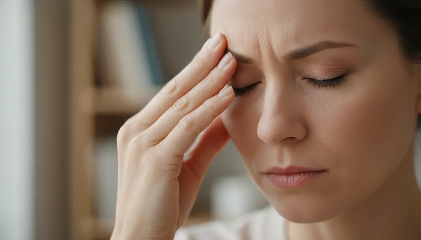 Mulher com a mão na têmpora, sentindo estresse, demonstrando o impacto físico das emoções na saúde mental. Busque terapia online.
