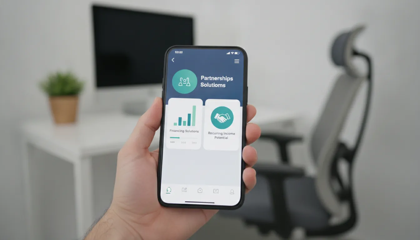 Mão segurando smartphone com plataforma financeira, destacando a renda recorrente com indicação de crédito digital.